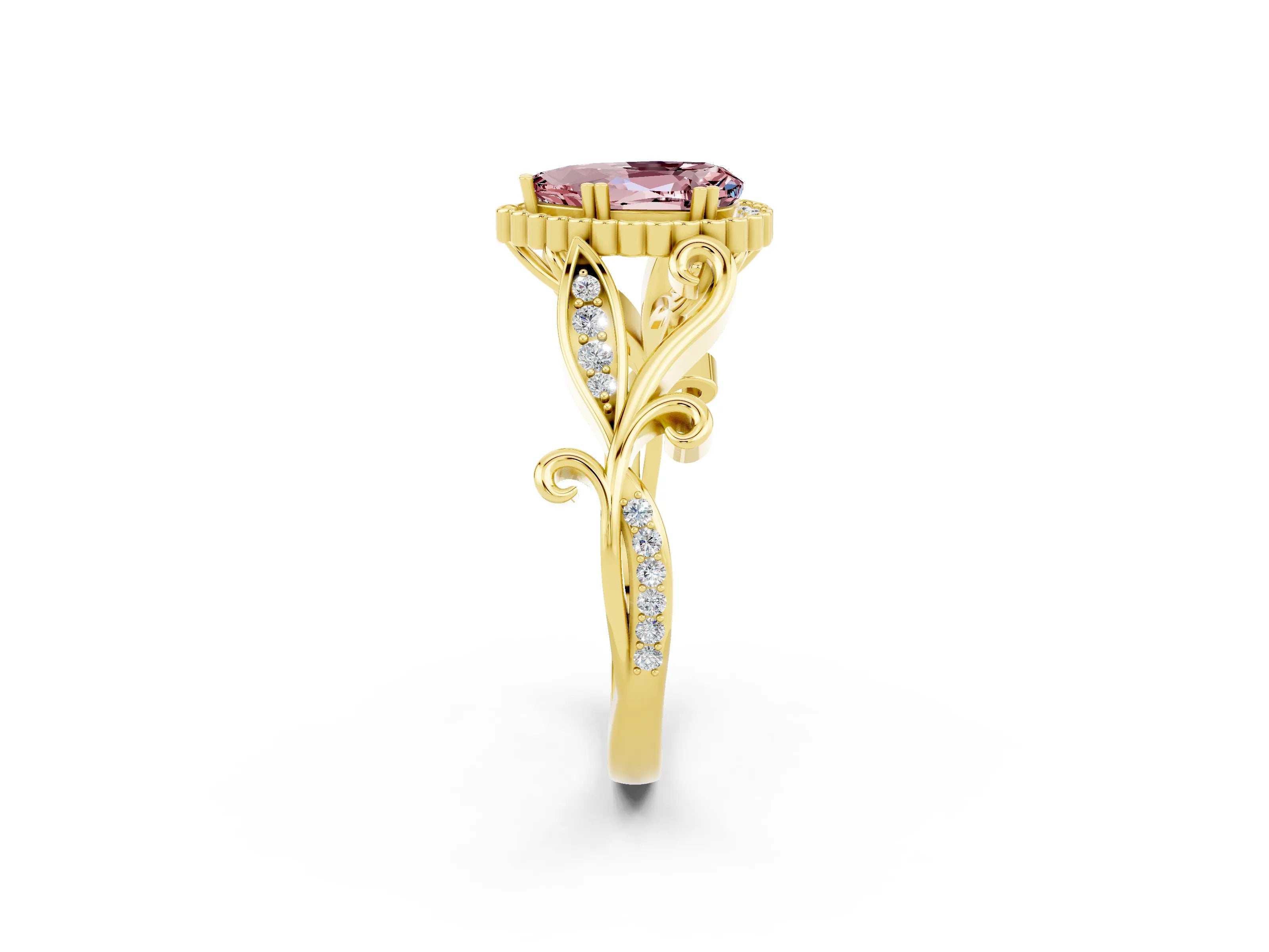 Yellow gold Pear Cut Morganite Halo Ring with Vintage Split Shank and Four-Prong Setting_2