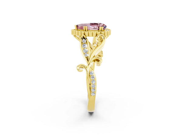 Yellow gold Pear Cut Morganite Halo Ring with Vintage Split Shank and Four-Prong Setting