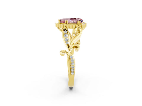 Yellow gold Pear Cut Morganite Halo Ring with Vintage Split Shank and Four-Prong Setting_2