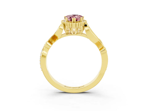 Yellow gold Pear Cut Morganite Halo Ring with Vintage Split Shank and Four-Prong Setting_3