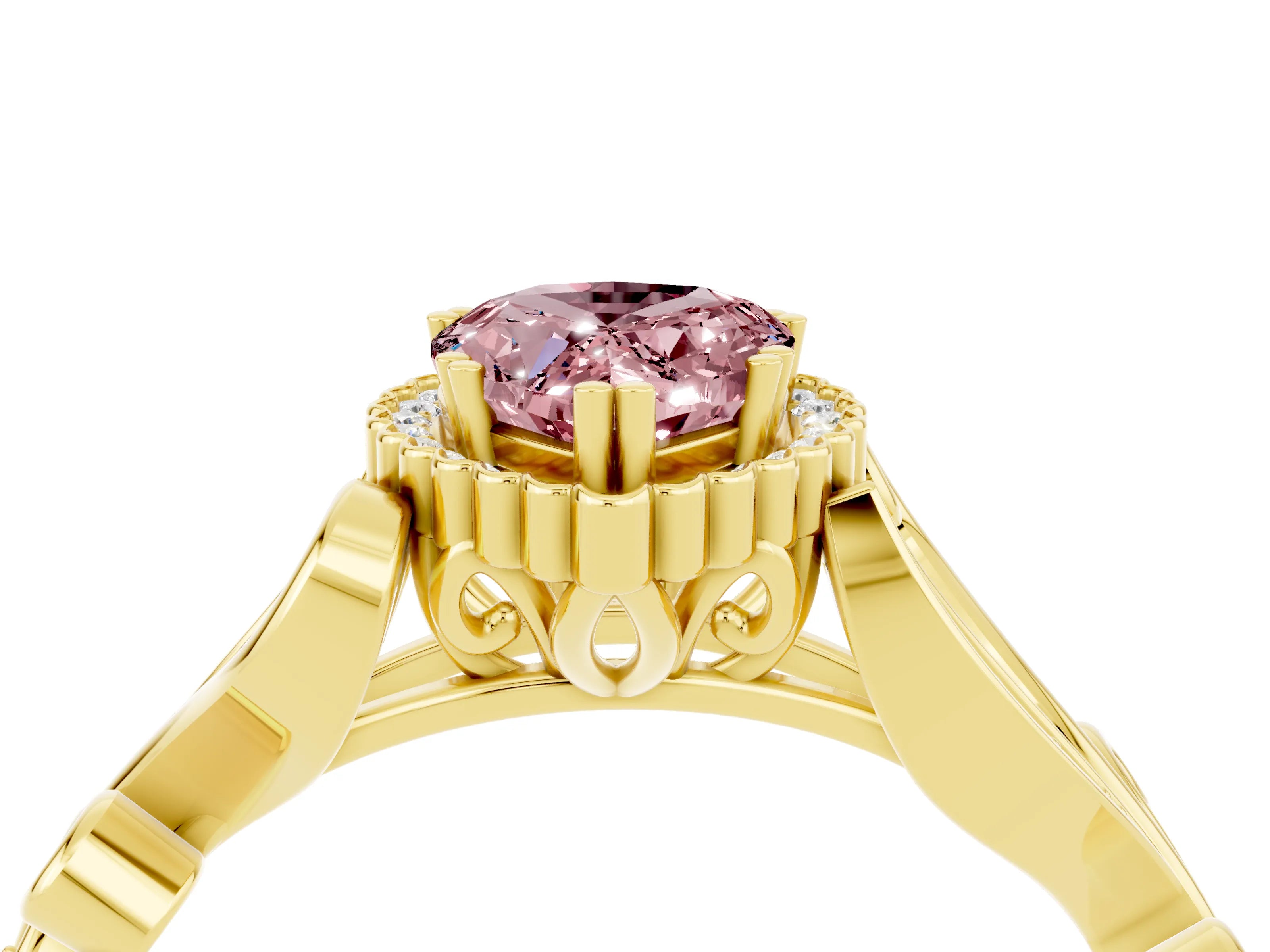 Yellow gold Pear Cut Morganite Halo Ring with Vintage Split Shank and Four-Prong Setting_4