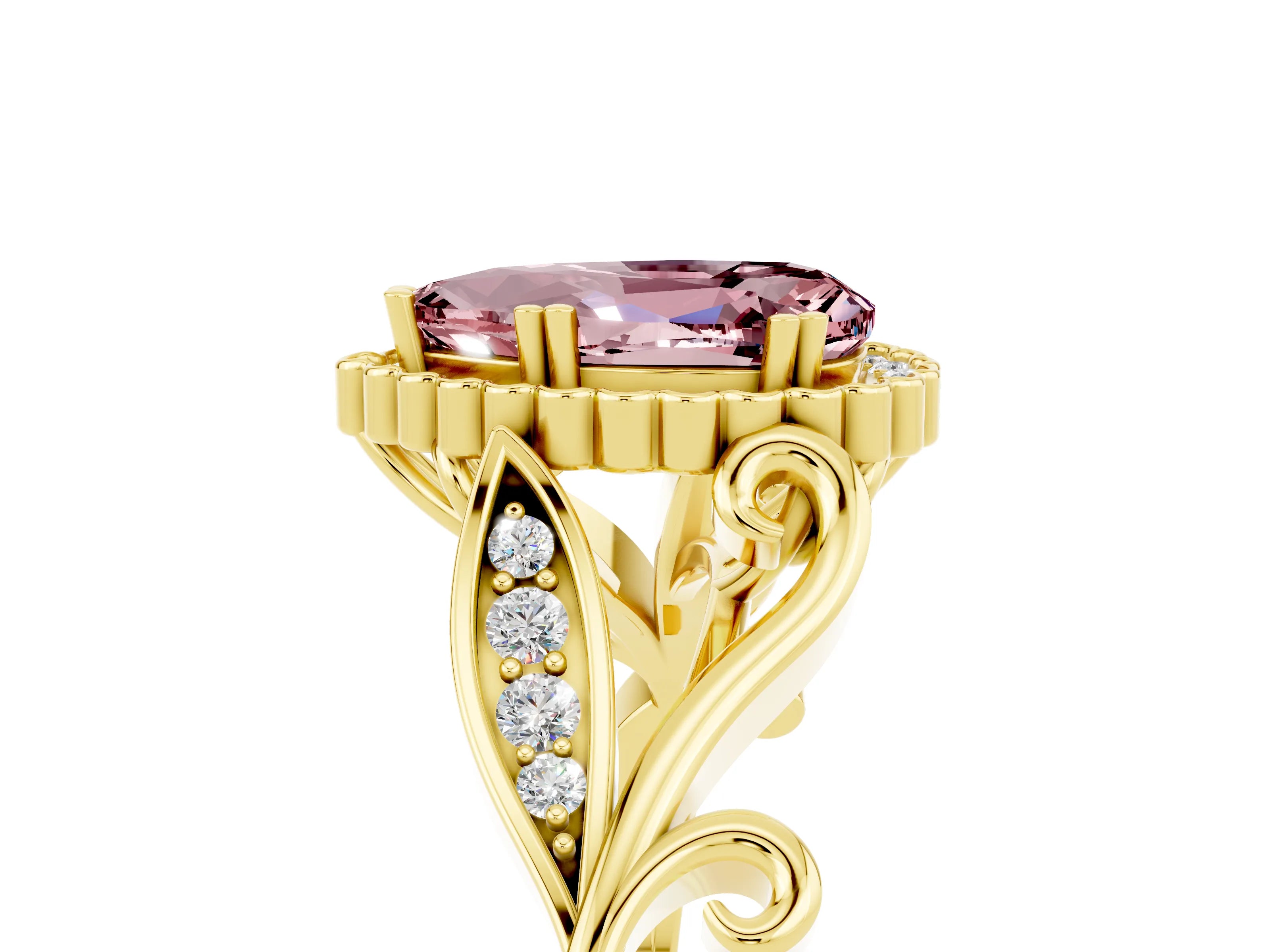 Yellow gold Pear Cut Morganite Halo Ring with Vintage Split Shank and Four-Prong Setting_5