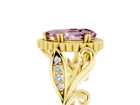 Yellow gold Pear Cut Morganite Halo Ring with Vintage Split Shank and Four-Prong Setting_5