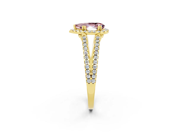 Yellow gold Pear Cut Morganite Halo Split Shank Engagement Ring