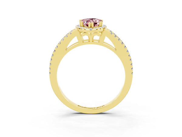Yellow gold Pear Cut Morganite Halo Split Shank Engagement Ring