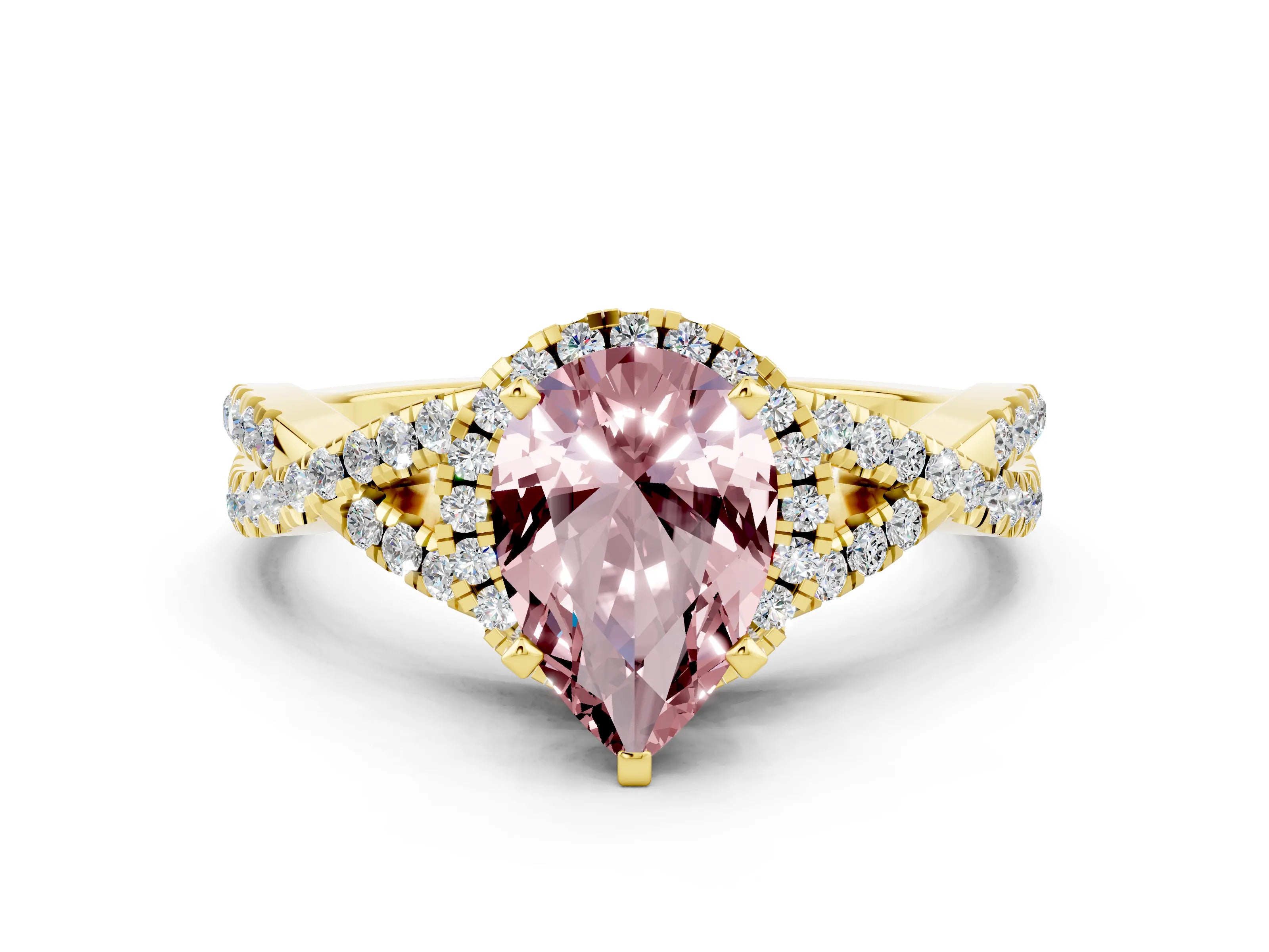 Yellow gold Pear Cut Morganite Halo Twist Band Solitaire Prong Setting Ring