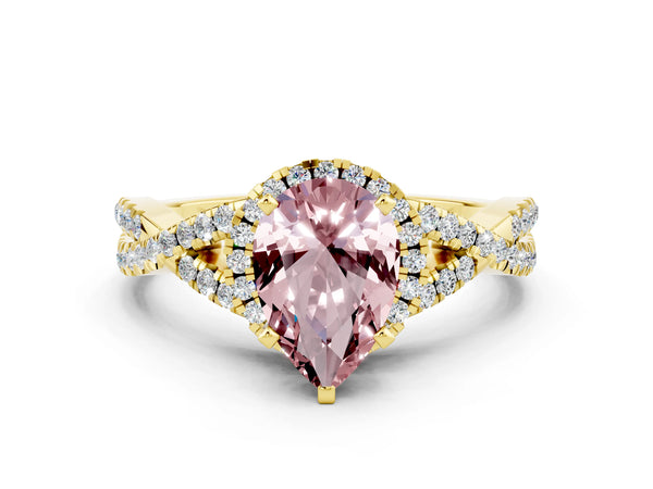Yellow gold Pear Cut Morganite  Halo Twist Band Solitaire Prong Setting Ring