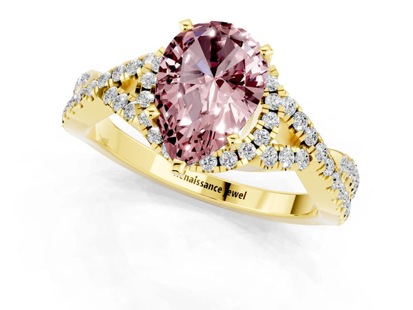Yellow gold Pear Cut Morganite  Halo Twist Band Solitaire Prong Setting Ring