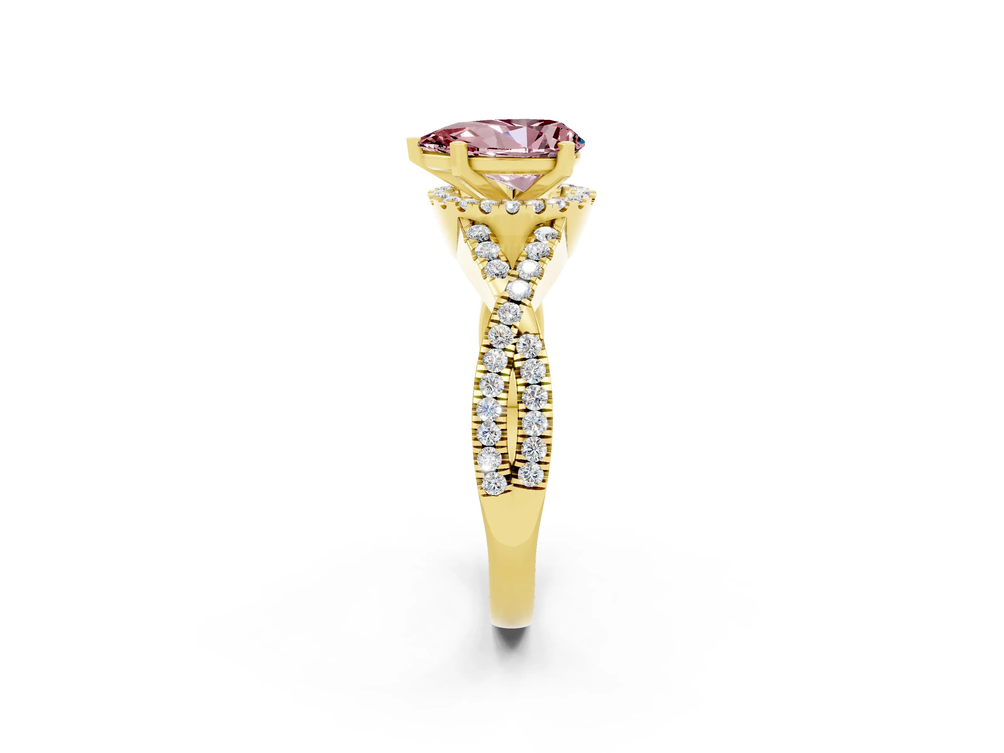 Yellow gold Pear Cut Morganite Halo Twist Band Solitaire Prong Setting Ring_2
