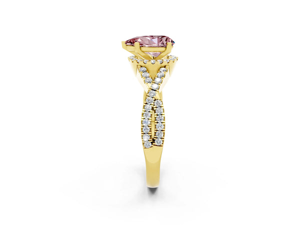 Yellow gold Pear Cut Morganite  Halo Twist Band Solitaire Prong Setting Ring