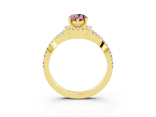 Yellow gold Pear Cut Morganite  Halo Twist Band Solitaire Prong Setting Ring