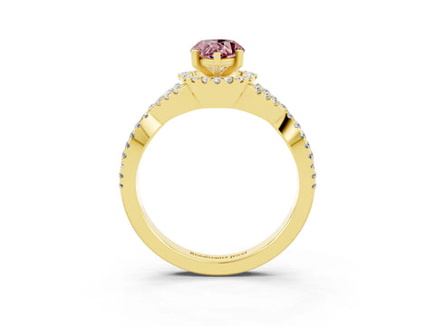 Yellow gold Pear Cut Morganite Halo Twist Band Solitaire Prong Setting Ring_3