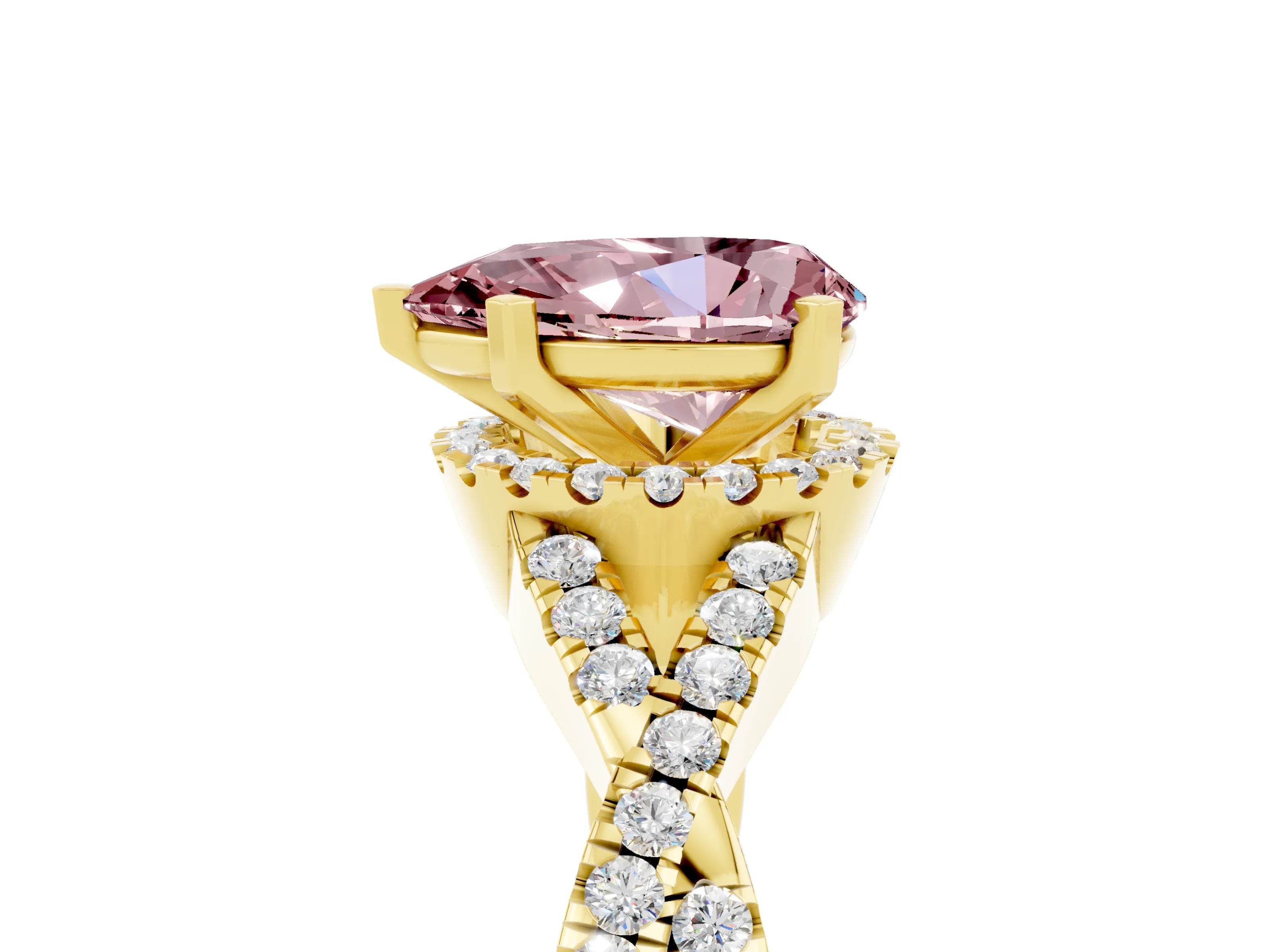 Yellow gold Pear Cut Morganite Halo Twist Band Solitaire Prong Setting Ring_5