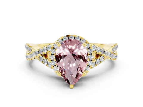 Yellow gold Pear Cut Morganite Halo Twist Band Solitaire Prong Setting Ring