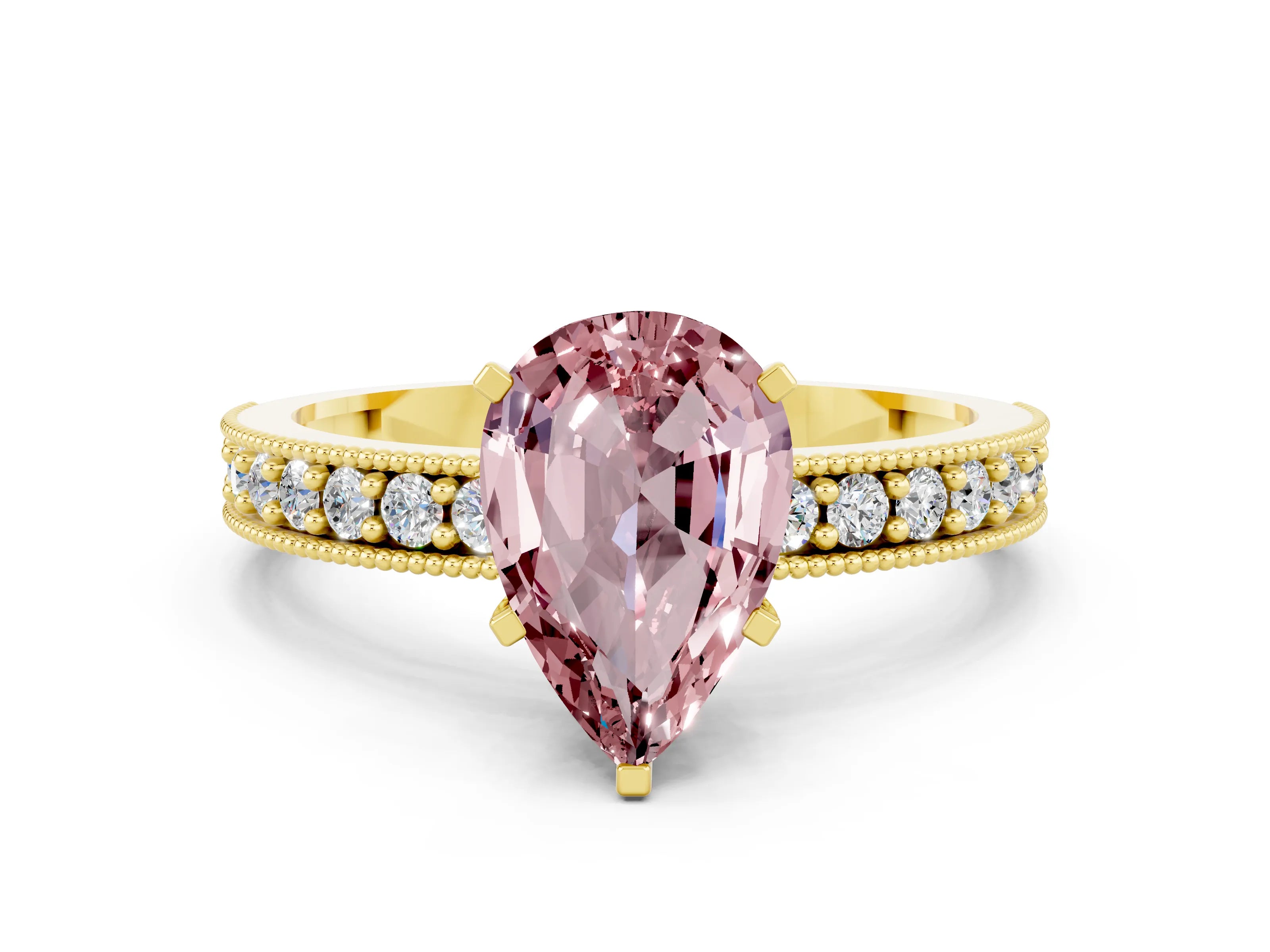 Yellow gold Pear Cut Morganite Milgrain Pavé Engagement Ring with Four-Prong Setting