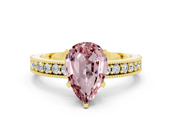 Yellow gold Pear Cut Morganite Milgrain Pavé Engagement Ring with Four-Prong Setting