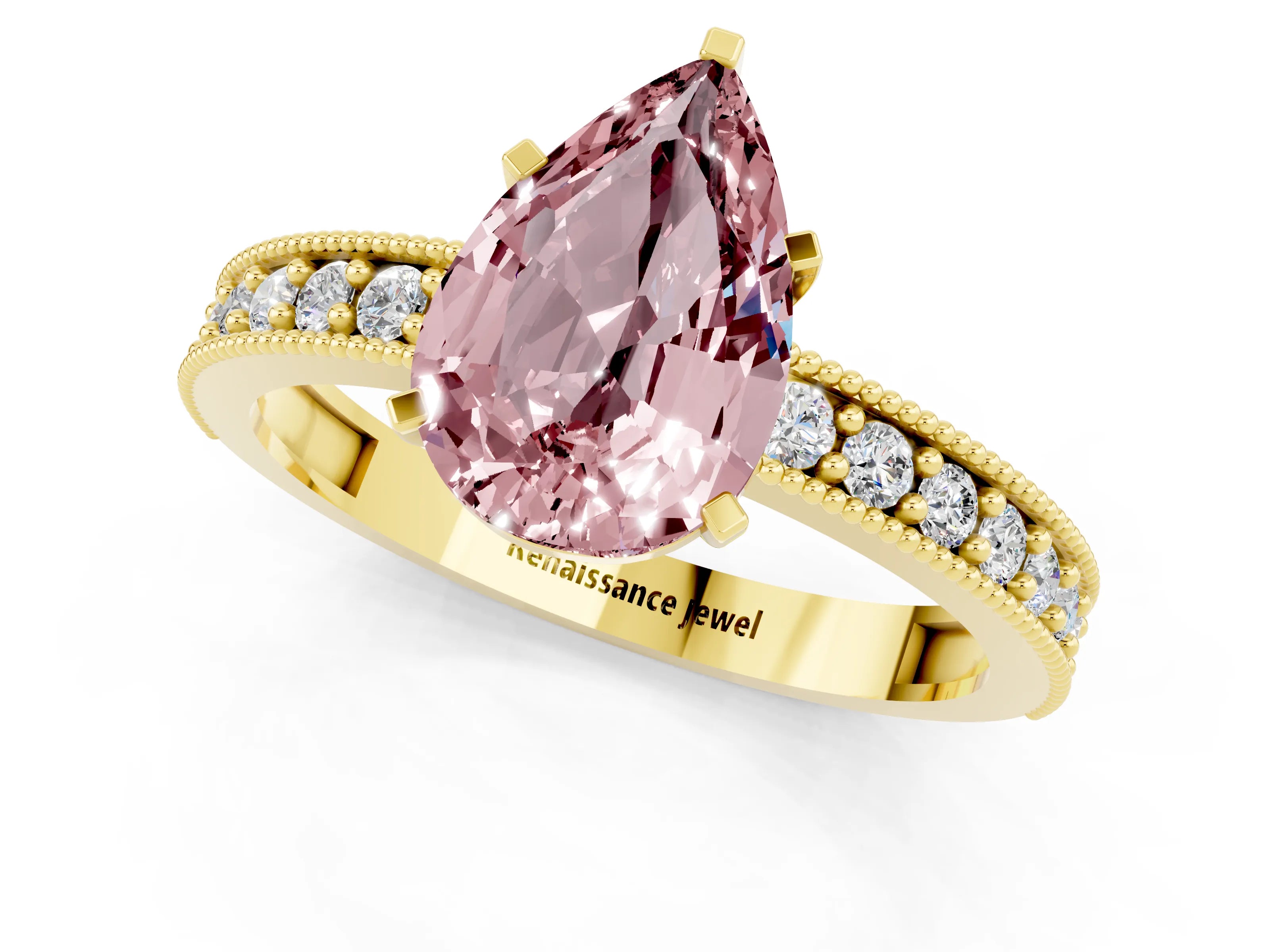 Yellow gold Pear Cut Morganite Milgrain Pavé Engagement Ring with Four-Prong Setting_1