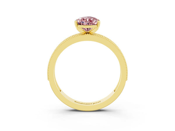 Yellow gold Pear Cut Morganite Milgrain Pavé Engagement Ring with Four-Prong Setting