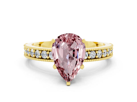 Yellow gold Pear Cut Morganite Milgrain Pavé Engagement Ring with Four-Prong Setting