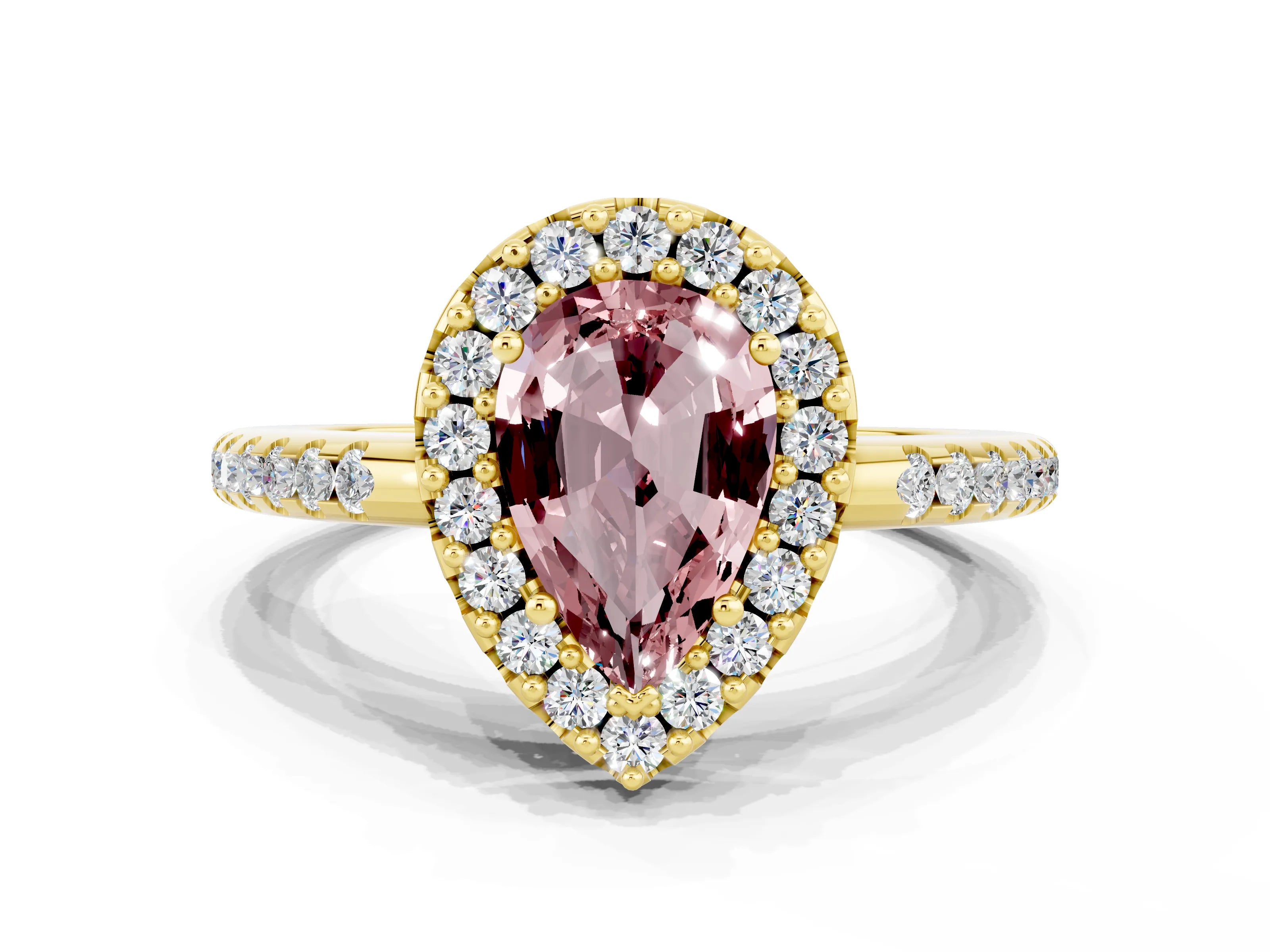 Yellow gold Pear Cut Morganite Pavé Halo Ring with Four-Prong Setting_12