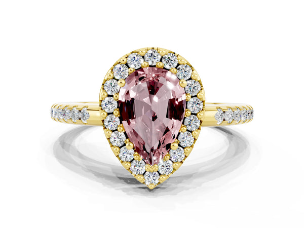 Yellow gold Pear Cut Morganite Pavé Halo Ring with Four-Prong Setting