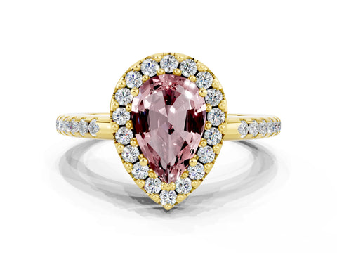 Yellow gold Pear Cut Morganite Pavé Halo Ring with Four-Prong Setting_12