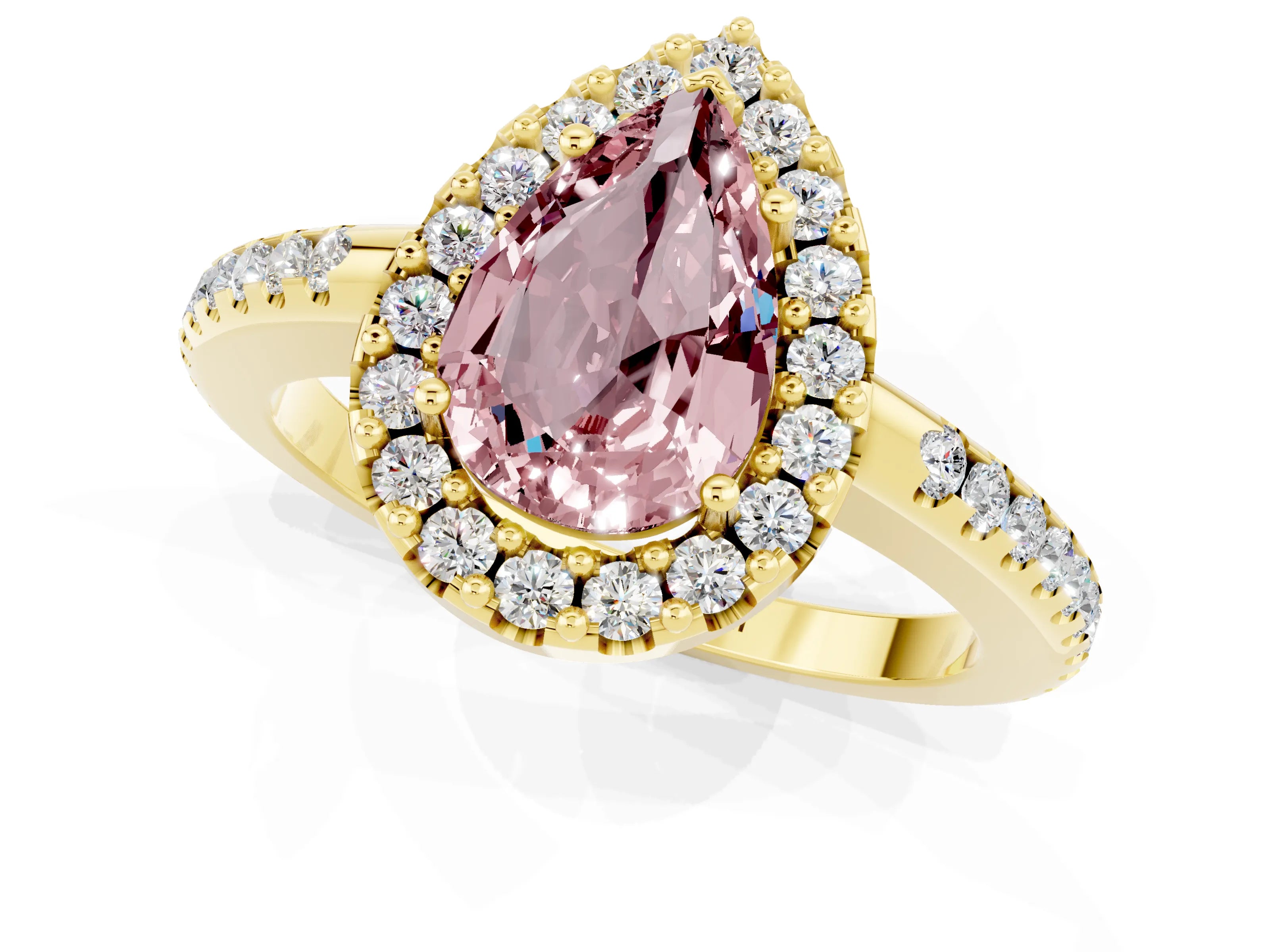 Yellow gold Pear Cut Morganite Pavé Halo Ring with Four-Prong Setting_13