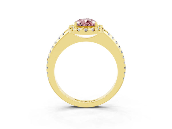 Yellow gold Pear Cut Morganite Pavé Halo Ring with Four-Prong Setting