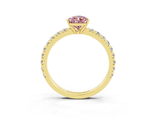 Yellow gold Pear Cut Morganite Pavé Solitaire Engagement Ring with Four-Prong Setting