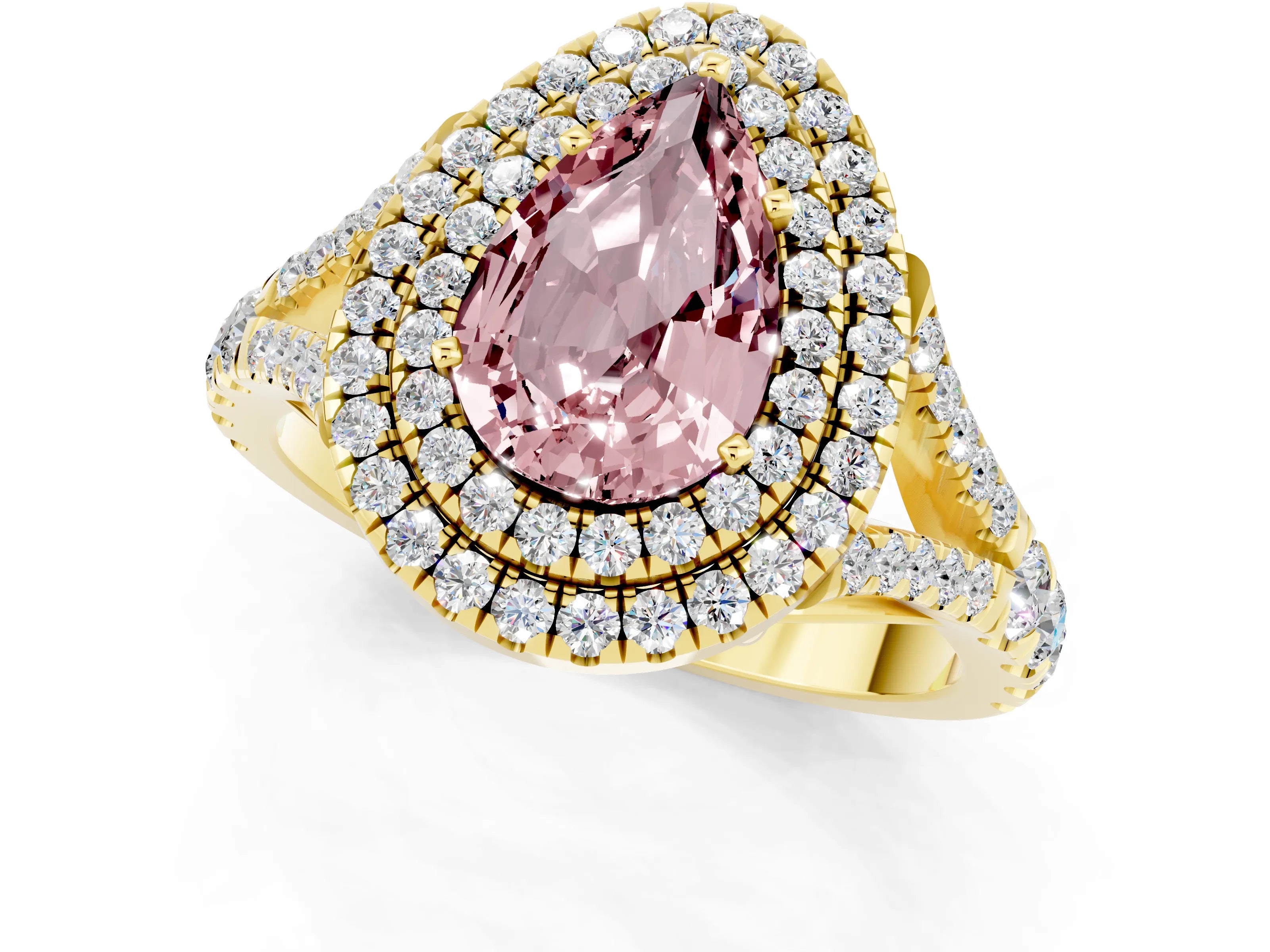 Yellow gold Pear Cut Morganite Pavé Split Shank Double Halo Engagement Ring_1