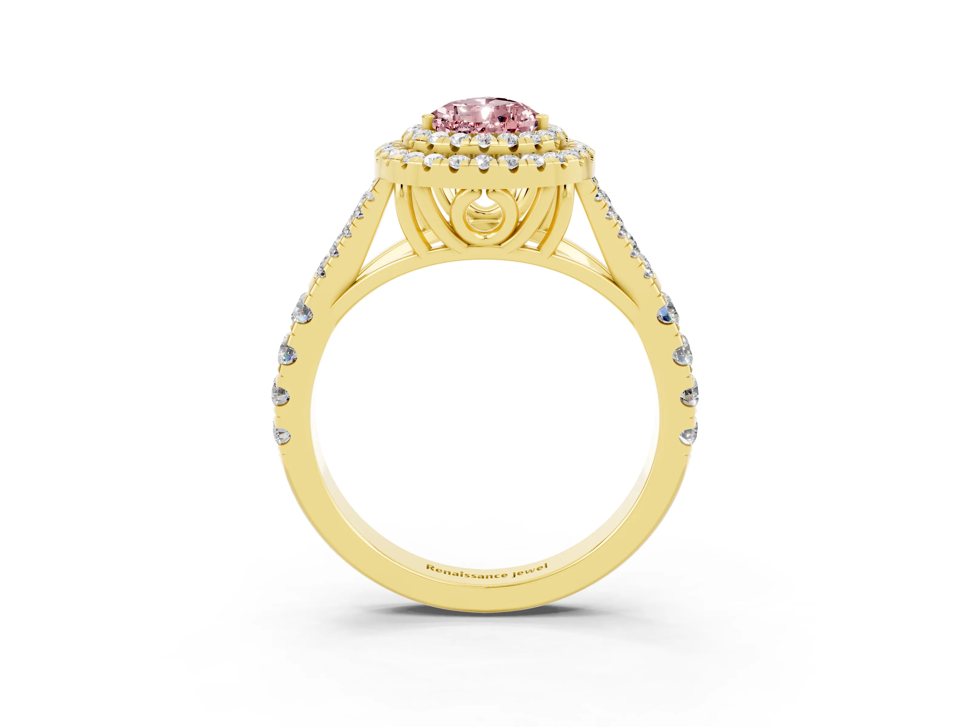 Yellow gold Pear Cut Morganite Pavé Split Shank Double Halo Engagement Ring_3