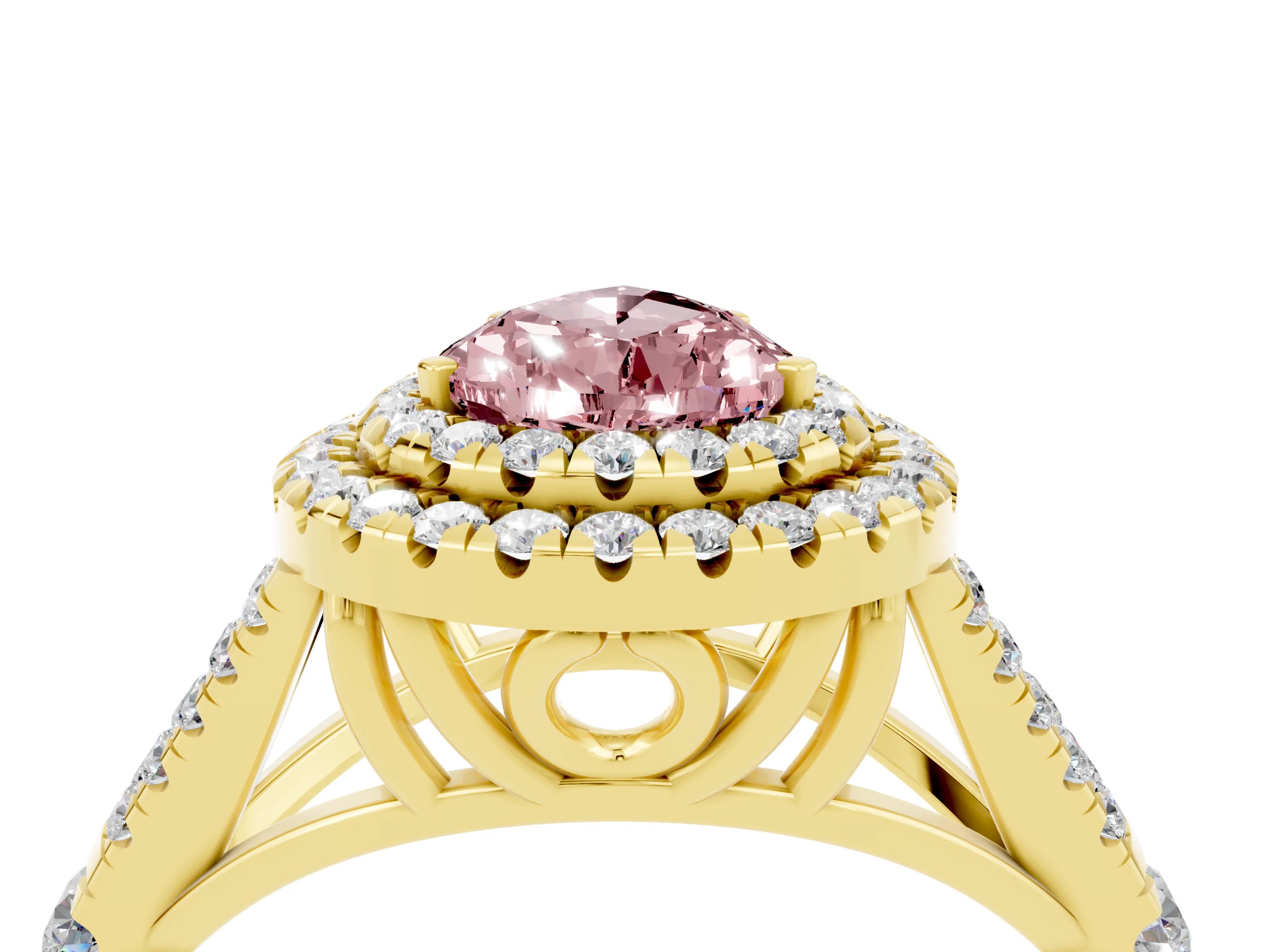 Yellow gold Pear Cut Morganite Pavé Split Shank Double Halo Engagement Ring_4