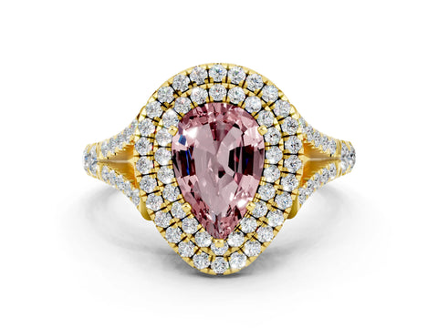 Yellow gold Pear Cut Morganite Pavé Split Shank Double Halo Engagement Ring