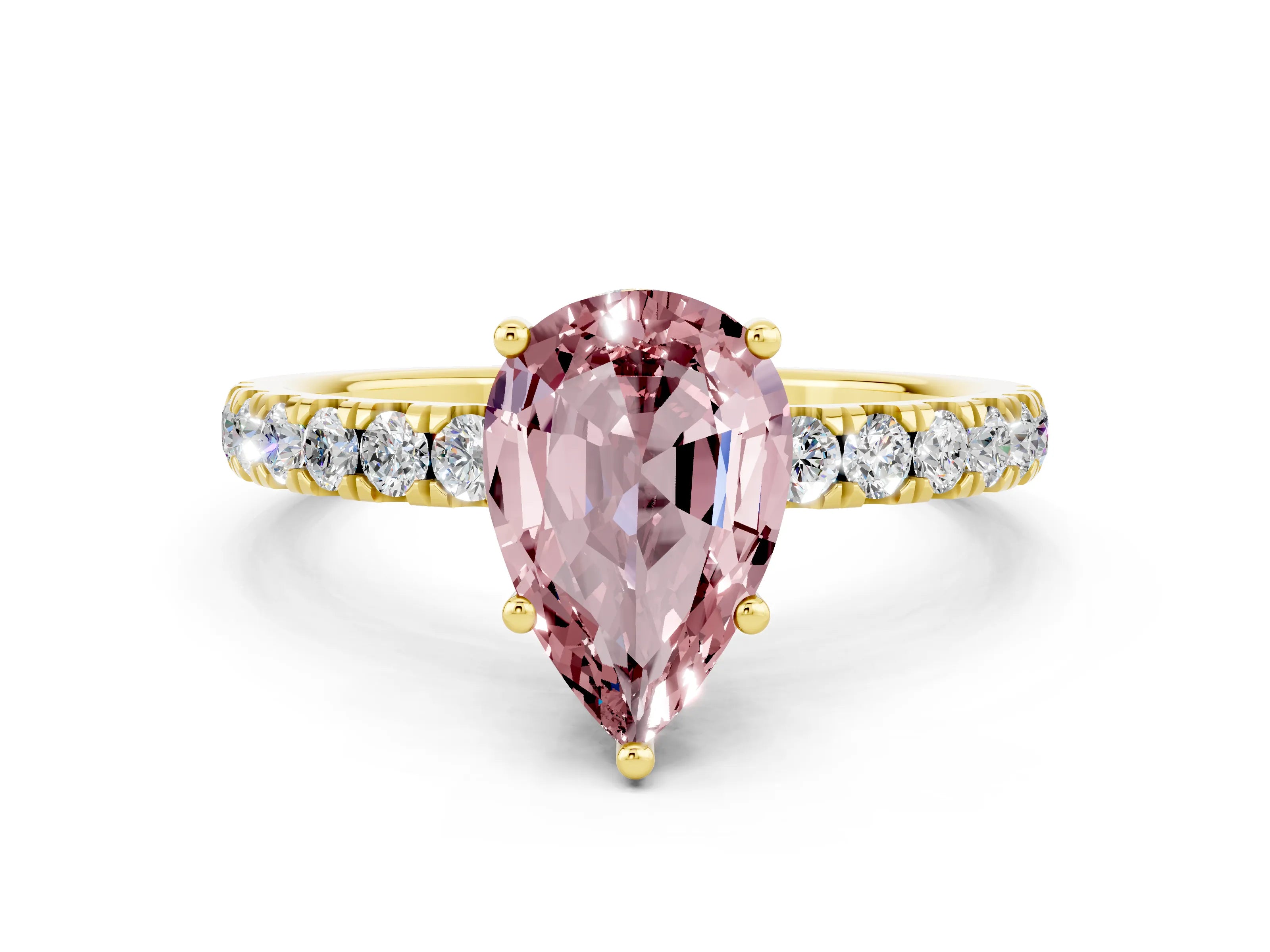 Yellow gold Pear Cut Morganite Pave Band Solitaire Ring with Four-Prong Setting_24