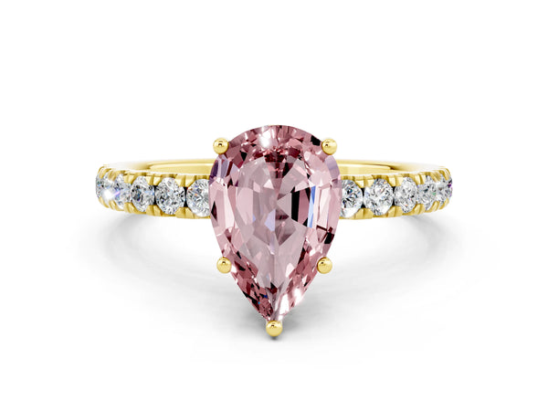 Yellow gold Pear Cut Morganite Pave Band Solitaire Ring with Round  and Prong Setting