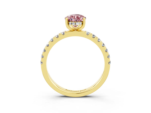 Yellow gold Pear Cut Morganite Pave Band Solitaire Ring with Round  and Prong Setting