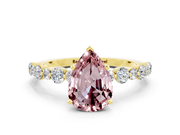 Yellow gold Pear Cut Morganite Prong Set Engagement Ring with Pavé Band