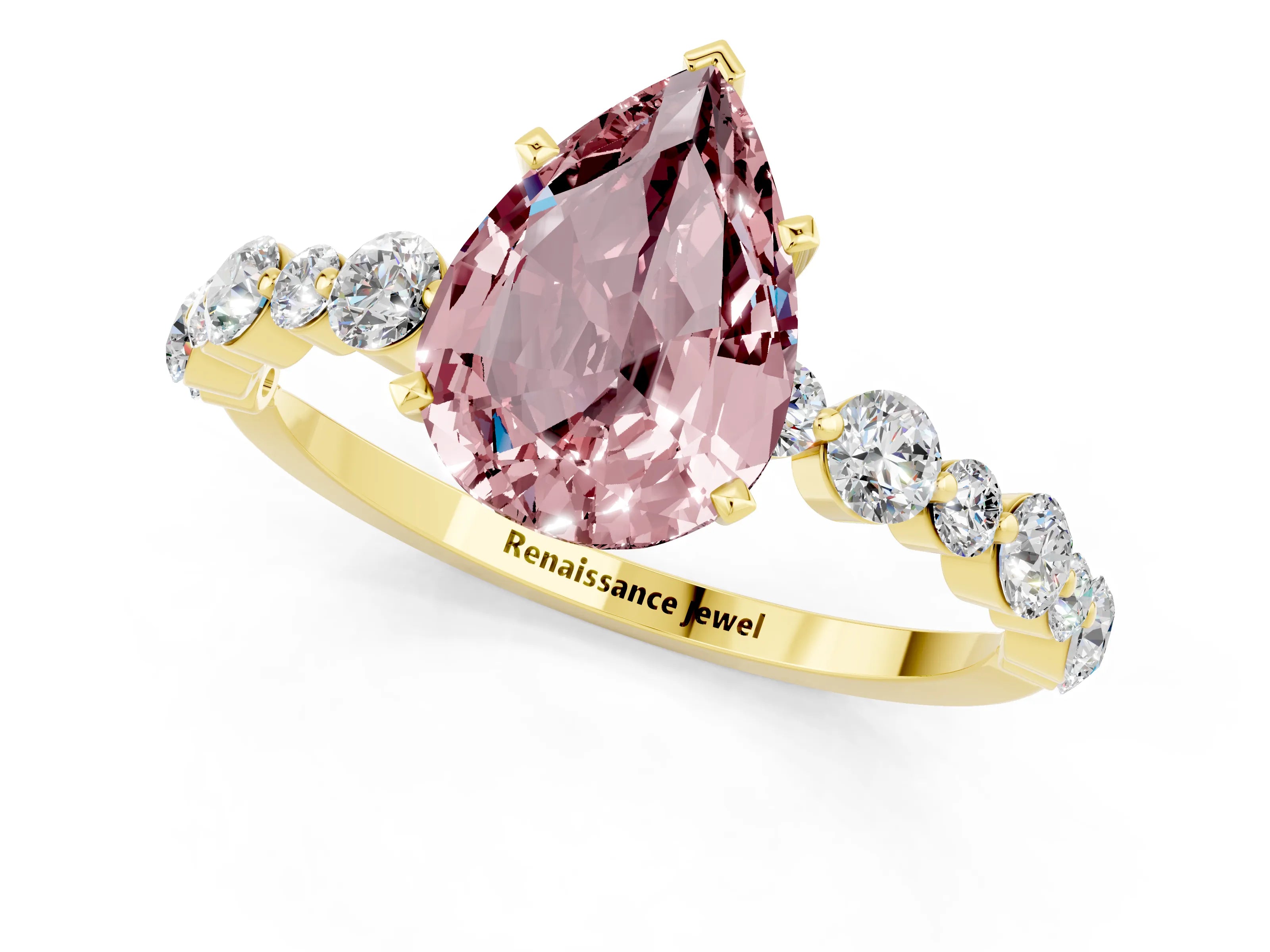 Yellow gold Pear Cut Morganite Prong Set Engagement Ring with Pavé Band_1