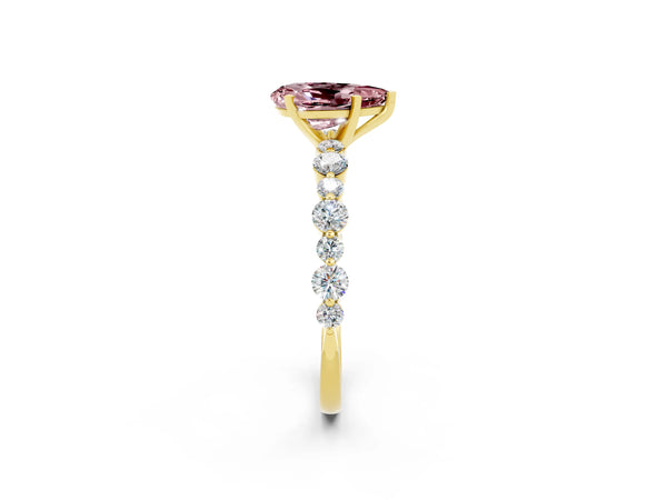 Yellow gold Pear Cut Morganite Prong Set Engagement Ring with Pavé Band