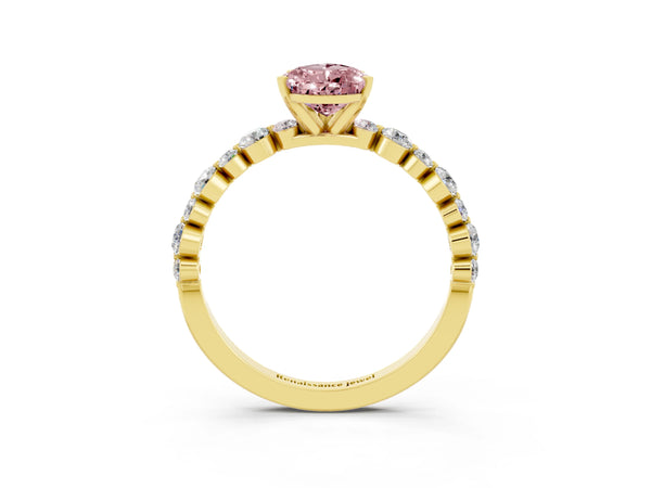Yellow gold Pear Cut Morganite Prong Set Engagement Ring with Pavé Band