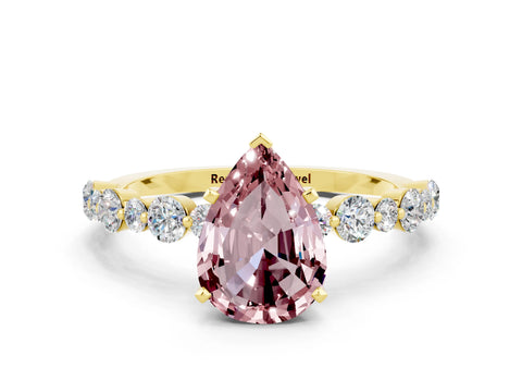 Yellow gold Pear Cut Morganite Prong Set Engagement Ring with Pavé Band