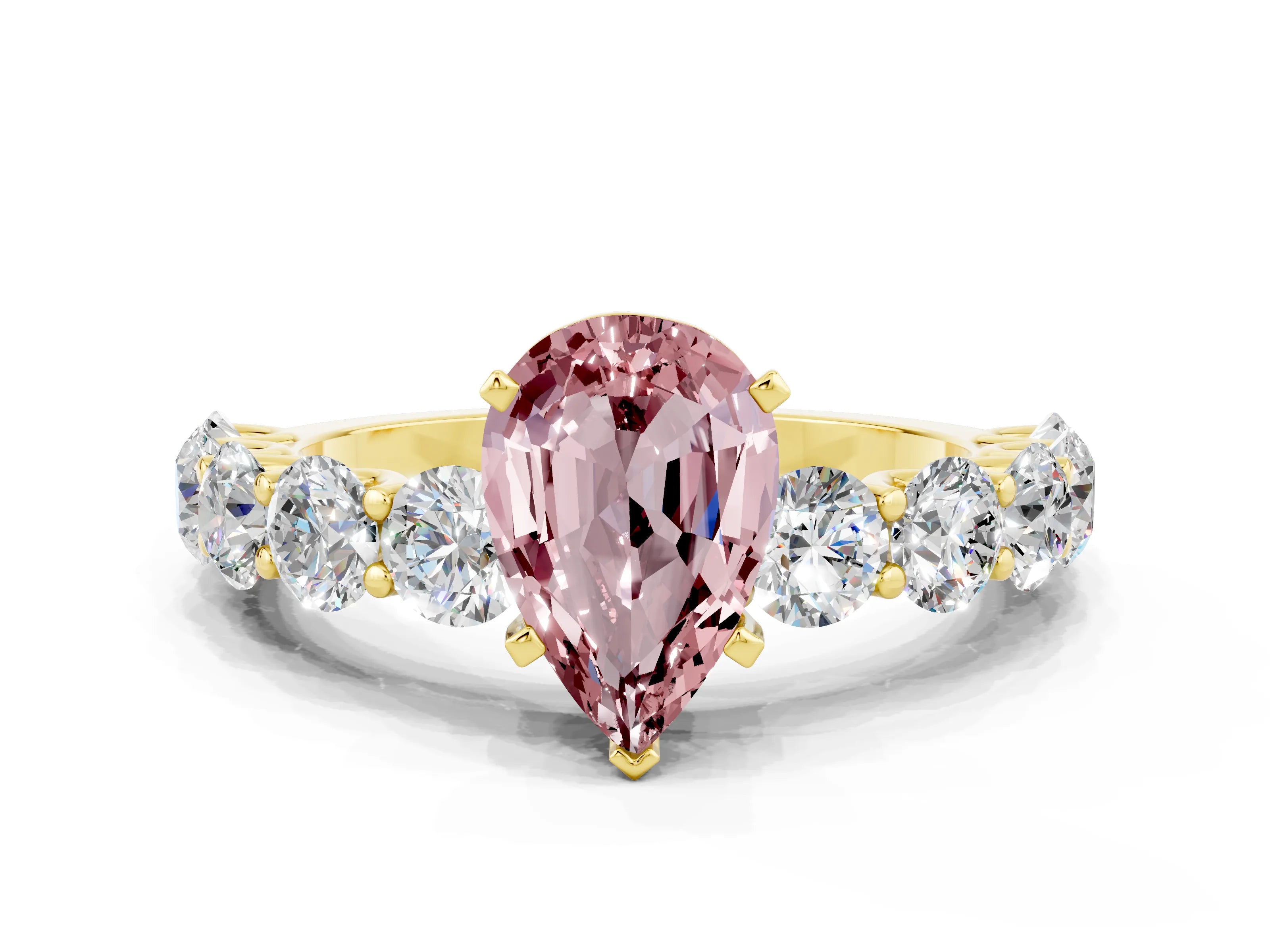 Yellow gold Pear Cut Morganite Prong Setting with Side Stones on a Pave Band
