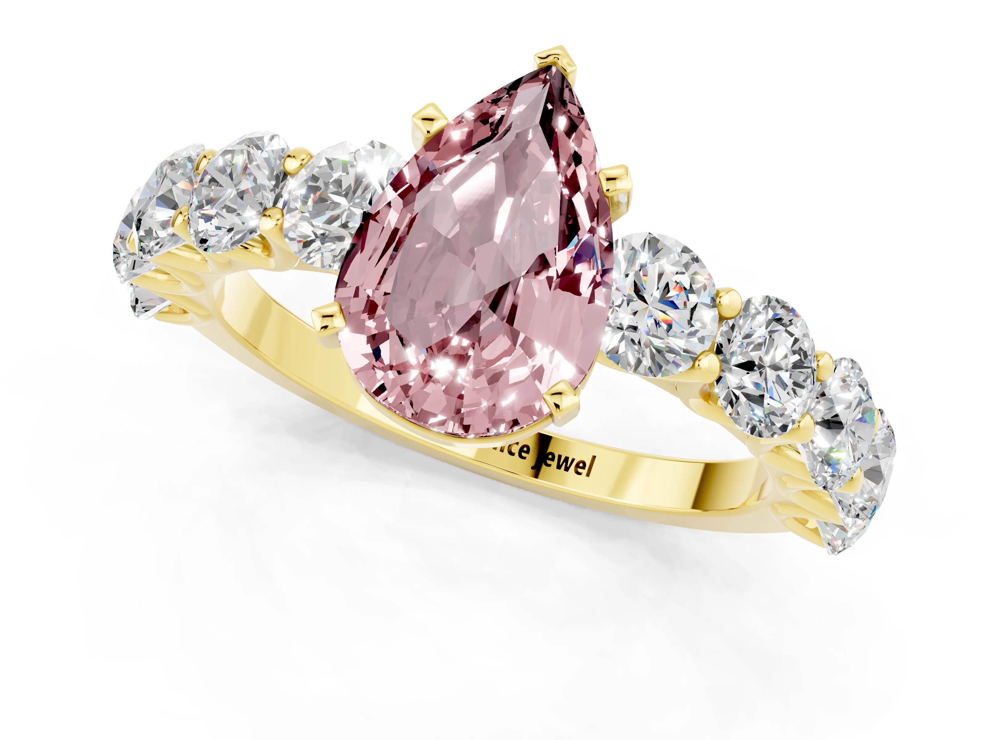 Yellow gold Pear Cut Morganite Prong Setting with Side Stones on a Pave Band_1