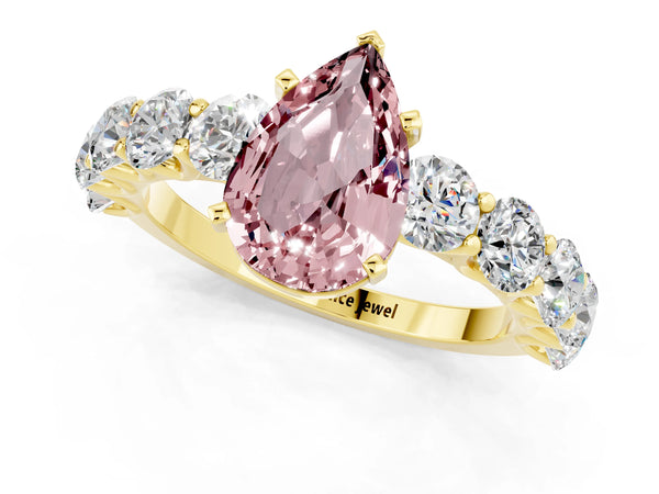 Yellow gold Pear Cut Morganite Prong Setting with Side Stones on a Pave Band