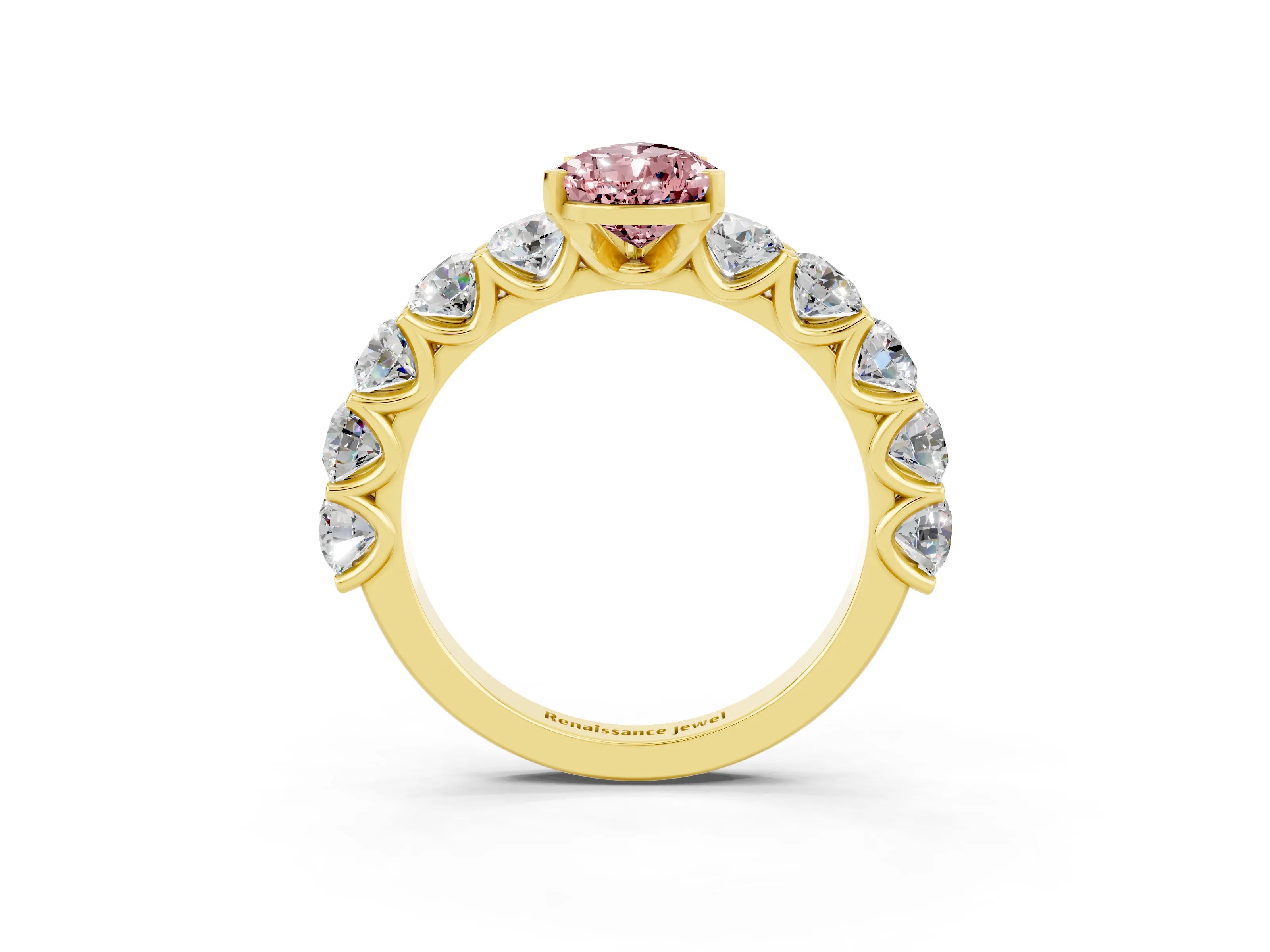 Yellow gold Pear Cut Morganite Prong Setting with Side Stones on a Pave Band_3