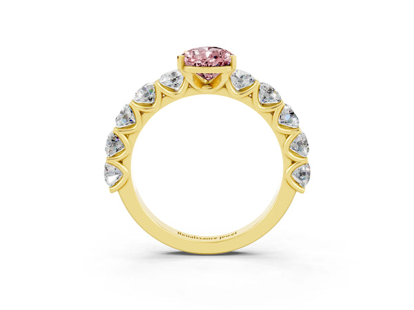 Yellow gold Pear Cut Morganite Prong Setting with Side Stones on a Pave Band