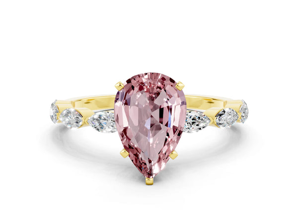 Yellow gold Pear Cut Morganite Ring with Marquise Side Stones and Prong Setting