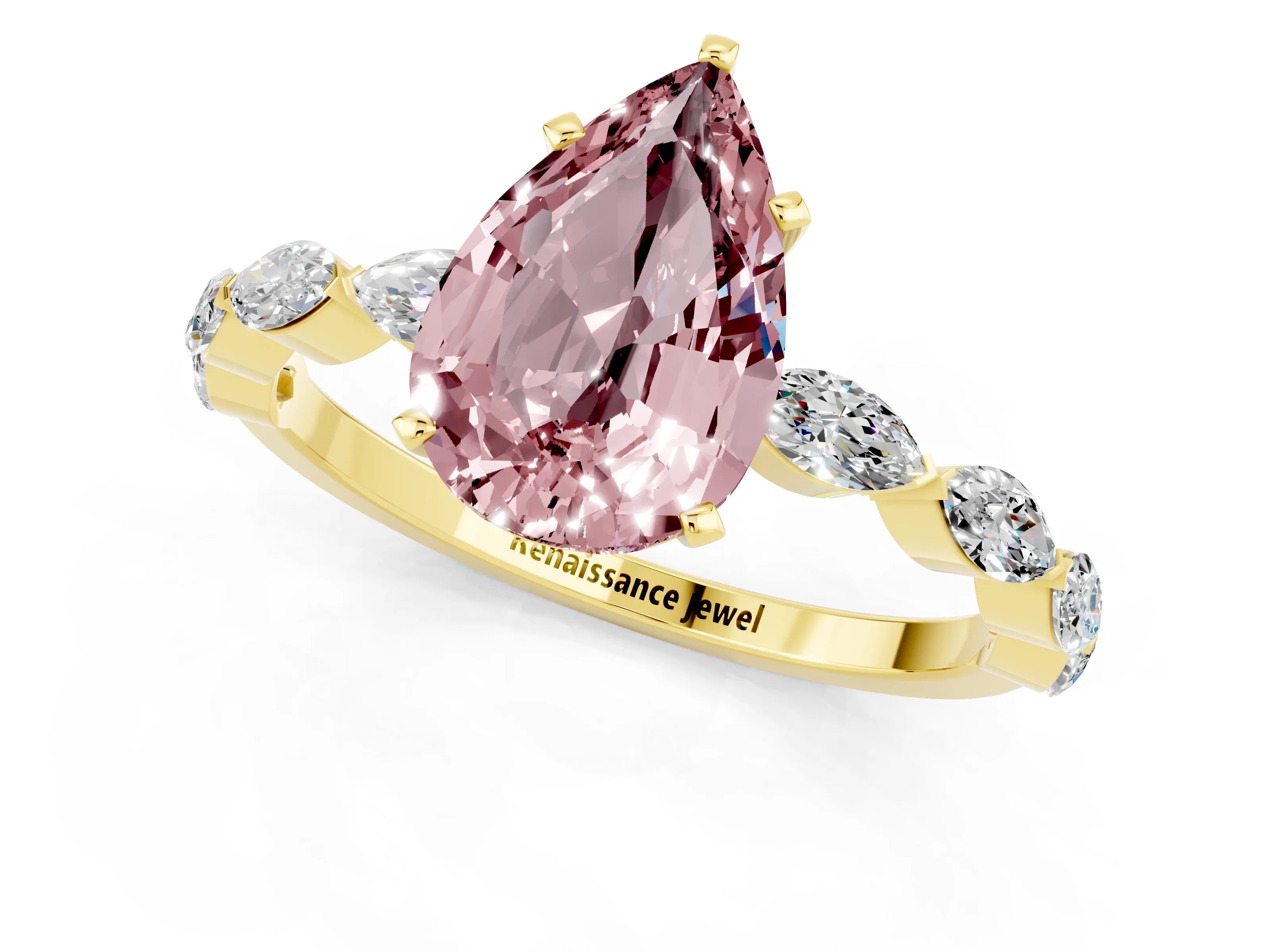 Yellow gold Pear Cut Morganite Ring with Marquise Side Stones and Prong Setting_1
