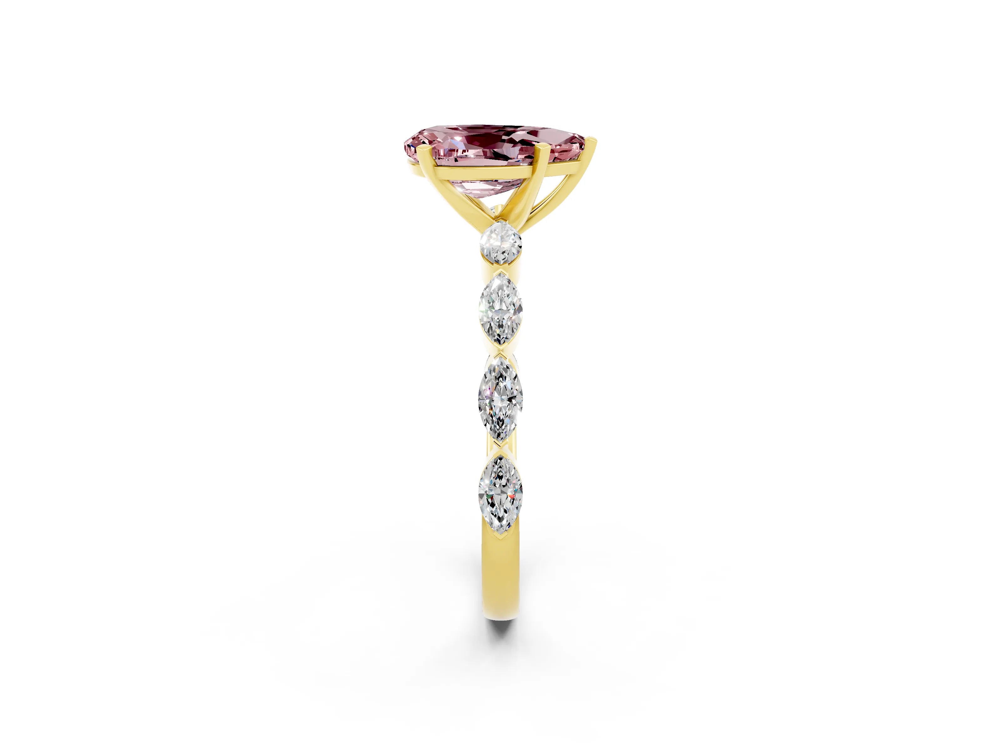 Yellow gold Pear Cut Morganite Ring with Marquise Side Stones and Prong Setting_2