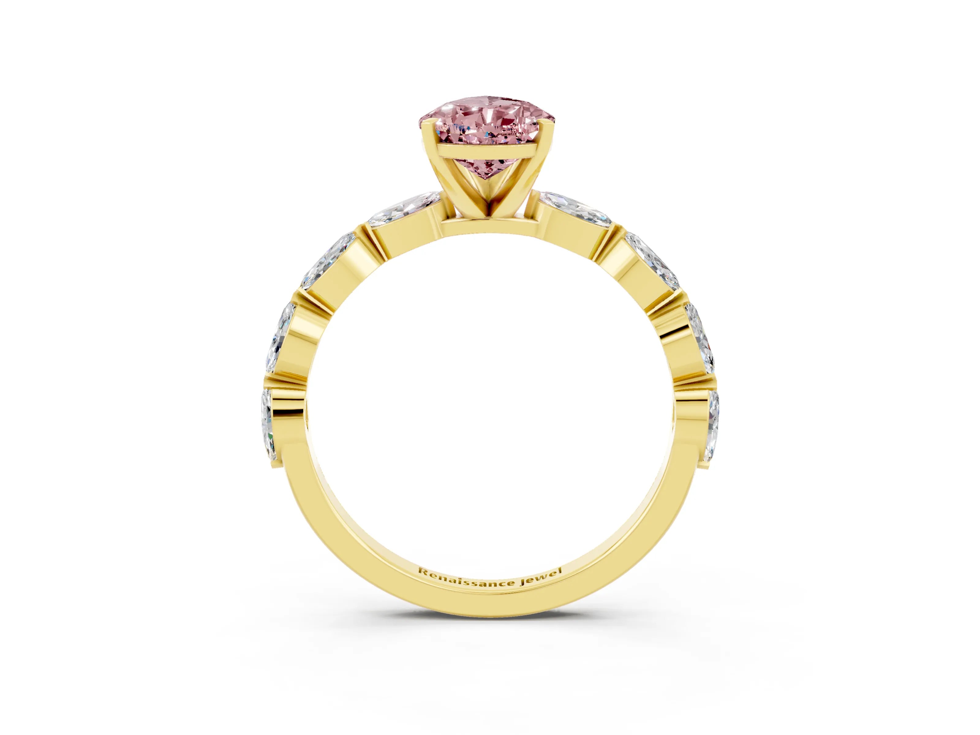 Yellow gold Pear Cut Morganite Ring with Marquise Side Stones and Prong Setting_3